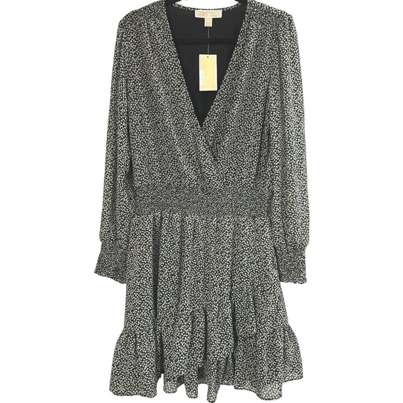 NWT Michael Kors Black White Green Smocked Waist Cuff Ruffle Floral Dress Large - Picture 2 of 7